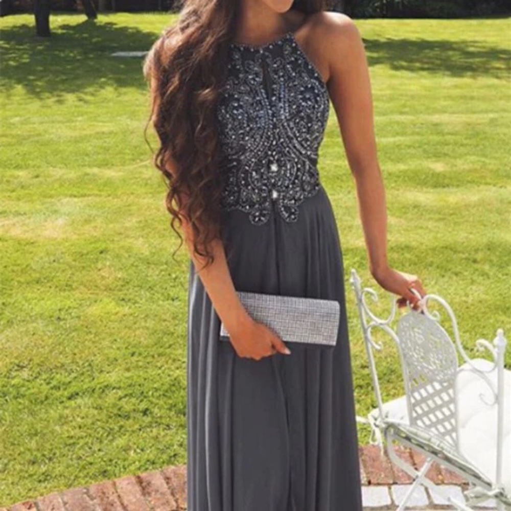 Maxi gray mother of the bride dress in size 10. Never worn, tags still on.